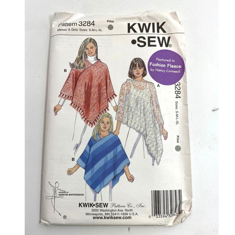 Kwik Sew 3284 Misses Girls Poncho Boho Retro S-M-L-XL Sewing Pattern Uncut FF